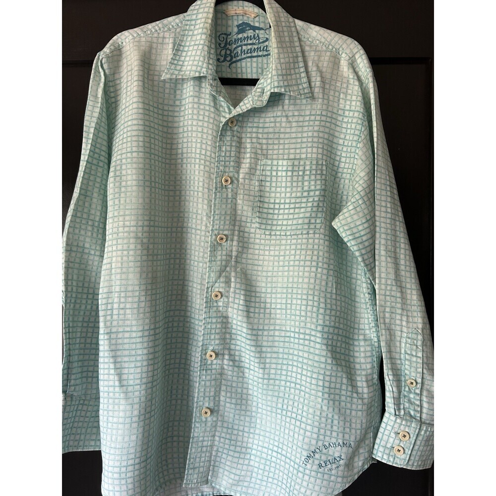 Tommy Bahama shirt Sz M , white, and teal green plaid, long sleeve, Nice quality